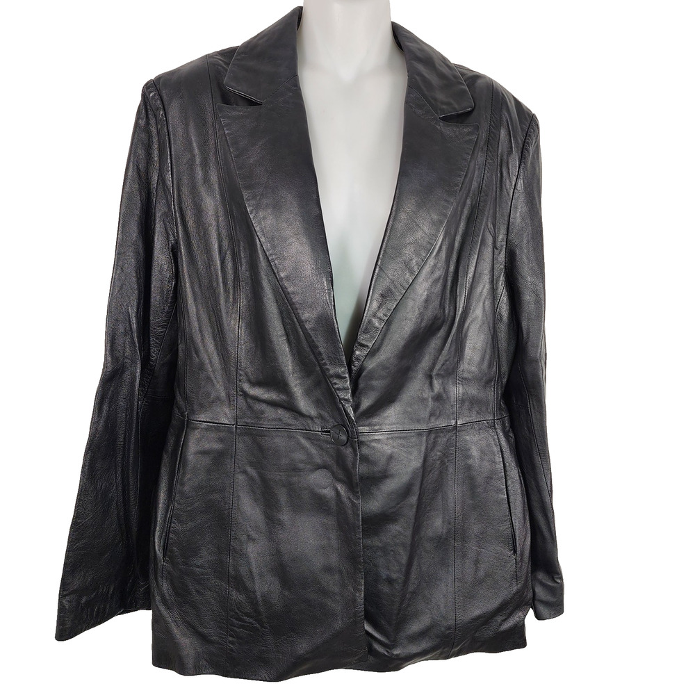 JLC New York Outerwear Leather Blazer Jacket Women Large Black One Button Luxury